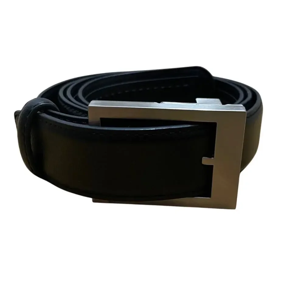 Mens Black Leather Ratchet Belt‎ Brushed Silver Rectangular Buckle 50in L 1in W